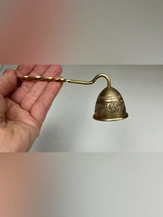 Vintage Etched Brass Candle Snuffer11.5” Long,Twisted Handle,Ornate Bell-Shaped - Picture 4 of 9